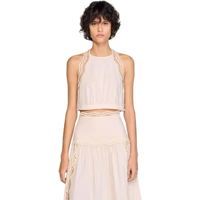 Sandro Cotton Crop Top With Lace Trim In Pink