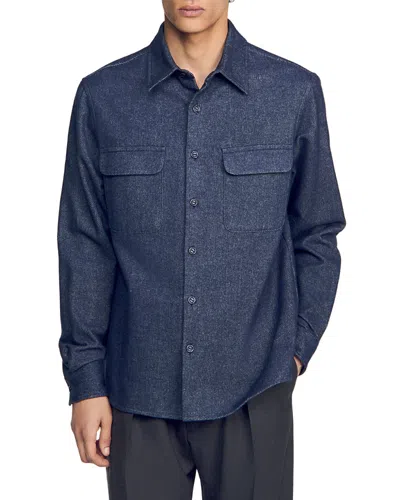 Sandro Cotton Flannel Pocket Shirt In Blue