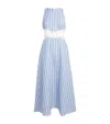 Sandro Womens Bleus Stripe-print Cut-out Lace Cotton And Linen-blend Midi Dress In Blue