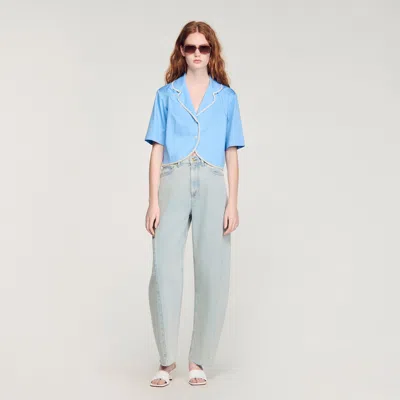 Sandro Cotton Shirt With Beaded Trim In Blue