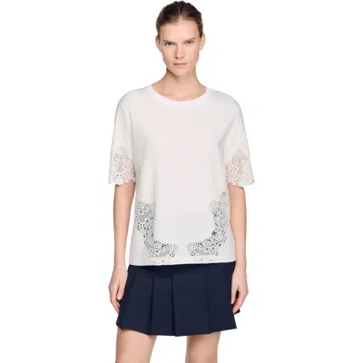 Sandro Cotton T-shirt With Lace Detail In Neutral