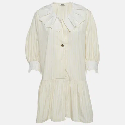 Pre-owned Sandro Cream Cotton Striped Cotton Pleated Collar Short Dress L In White