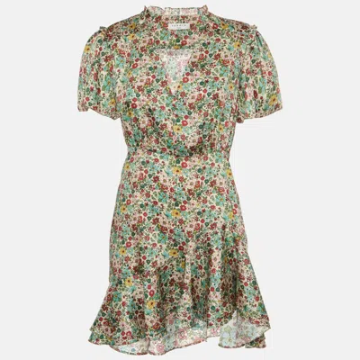 Pre-owned Sandro Cream Floral Print Crepe Ruffled Mini Dress S In White