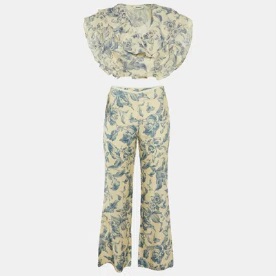 Pre-owned Sandro Cream Floral Print Linen Blend Cropped Top & Pants Set M