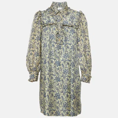 Sandro Cream Harmonie Print Silk Ruffle Mini Dress In Green