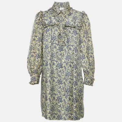 Pre-owned Sandro Cream Harmonie Print Silk Ruffle Mini Dress S In White