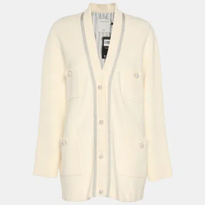 Pre-owned Sandro Cream Knit Button Front Sweater L In White