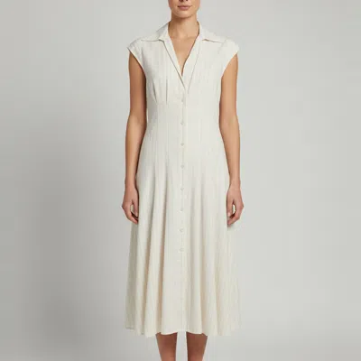 Pre-owned Sandro Cream Pinstriped Linen Blend Cape Sleeve Midi Dress M In White