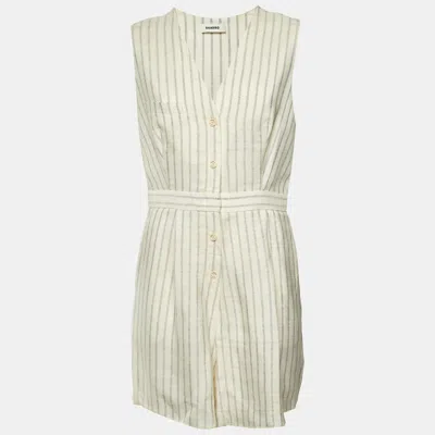 Pre-owned Sandro Cream Striped Crepe Noelie V-neck Playsuit L In White