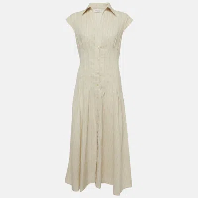 Sandro Cream Striped Linen Pleated Andrina Midi Dress In Neutral