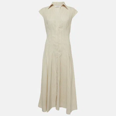 Pre-owned Sandro Cream Striped Linen Pleated Andrina Midi Dress M In White