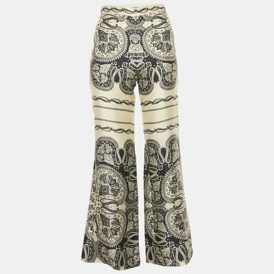 Pre-owned Sandro Cream/blue Printed Satin Flared Trousers Xs In White
