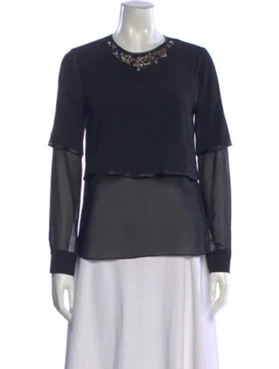 Pre-owned Sandro Crew Neck Long Sleeve Blouse In Black