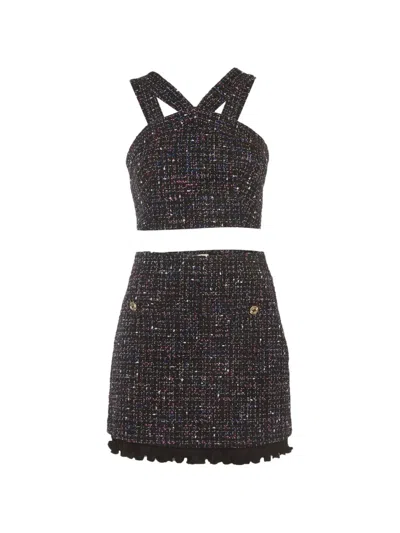 Pre-owned Sandro Crisscross Tweed Mini Skirt And Top Set In Black