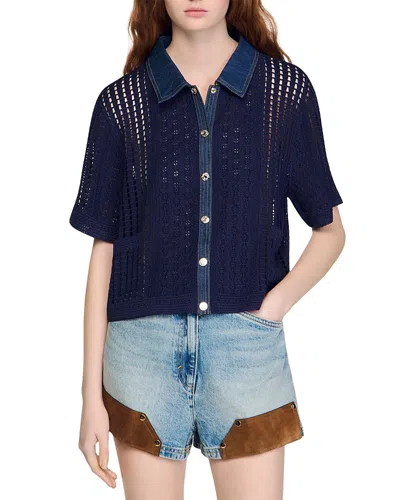 Sandro Crochet And Denim Cardigan In Black