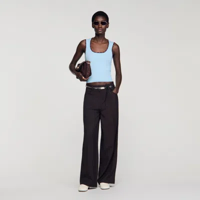 Sandro Womens Sky Blue Ribbed Crochet-embroidered Knitted Top