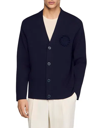 Sandro Crochet Flower Cardigan Sweater In Blue