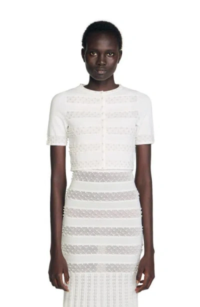 SANDRO SANDRO FINE KNIT CROPPED BEADED CARDIGAN