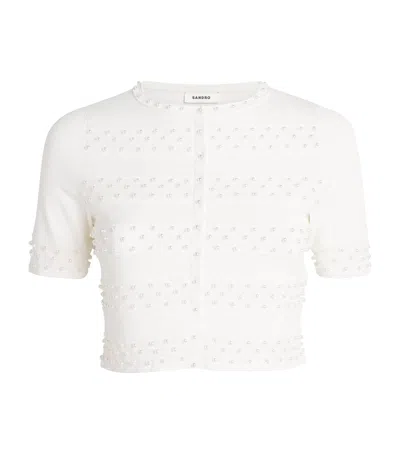 Sandro Cropped Beaded Cardigan In White