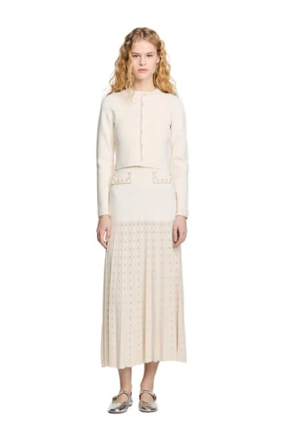 Sandro Cropped Cardigan With Peal Buttons In Ecru