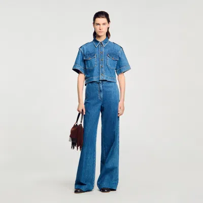Sandro Cropped Denim Shirt In Blue