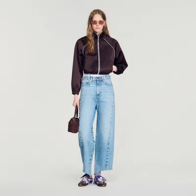 Sandro Cropped Embroidered Satin Jacket In Brown