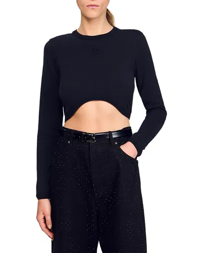 Sandro Cropped Embroidered Tee In Blue