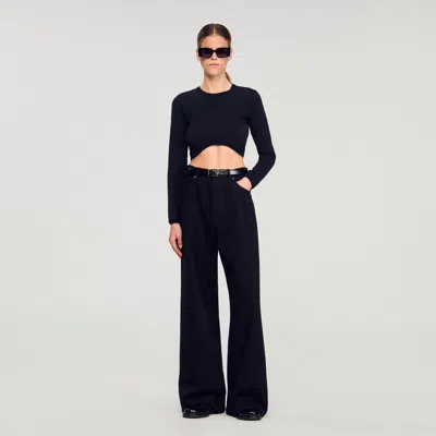 Sandro Cropped Embroidered T-shirt In Black