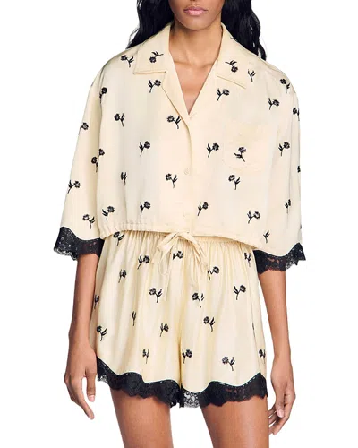 Sandro Womens Vanilla Floral-embroidered Drawstring-hem Woven Shirt In White