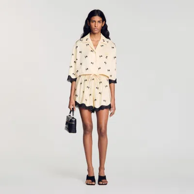Sandro Cropped Floral Embroidered Shirt In Orange