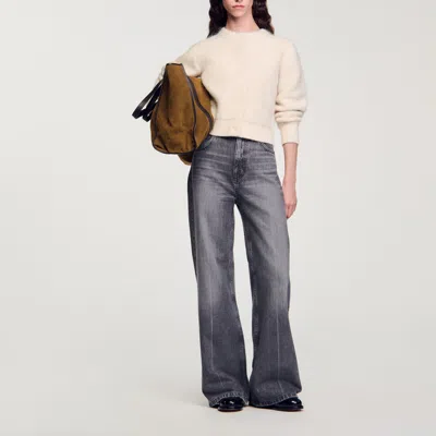 Sandro Cropped Fluffy Knit Cardigan In Gray