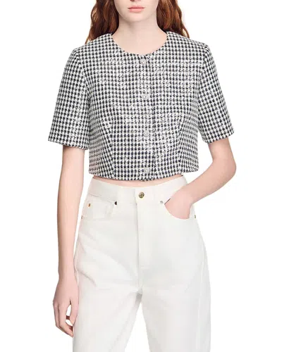Sandro Cropped Houndstooth Tweed Jacket In Multi