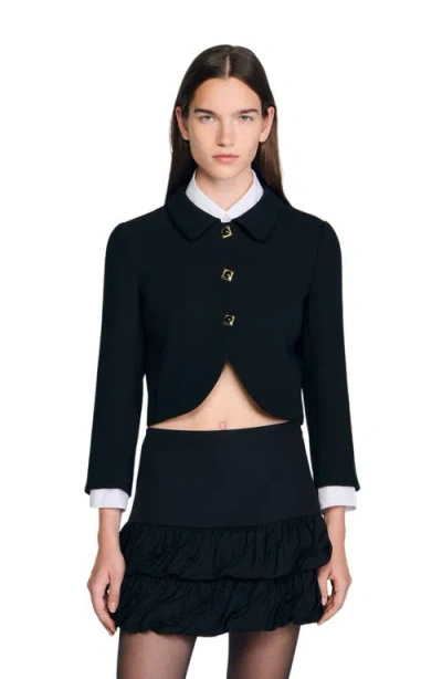 Sandro Cropped Jacket With Jewel Buttons In Black