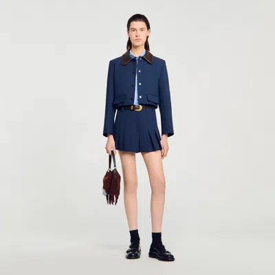 Sandro Cropped Jacket With Leather Collar In Blue