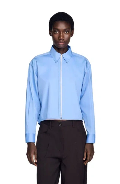 Sandro Womens Blue Logo-embroidered Zip-up Cropped Cotton Shirt