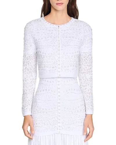 Sandro Cropped Pearl Cardigan In White