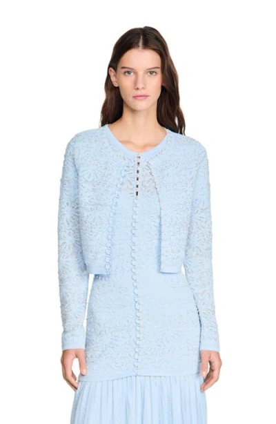 Sandro Cropped Pearled Cardigan In Blue