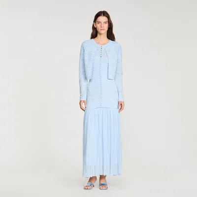 Sandro Cropped Pearled Cardigan In Blue