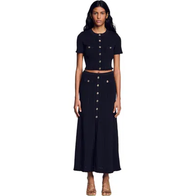 Sandro Cropped Pointelle Knit Cardigan In Black