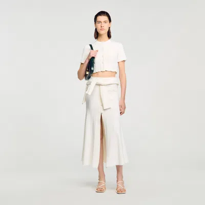 Sandro Cropped Pointelle Knit Cardigan In Neutral