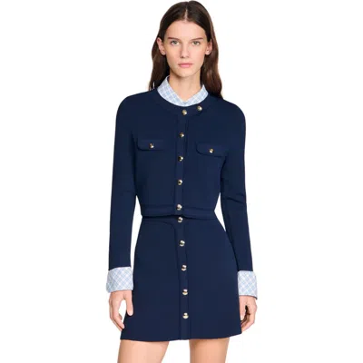 Sandro Cropped Rib Knit Cardigan In Blue