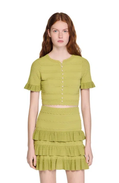Sandro Cropped Ruffled-sleeve Cardigan In Green