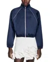 Sandro Embroidered Cropped Satin Jacket In Blue