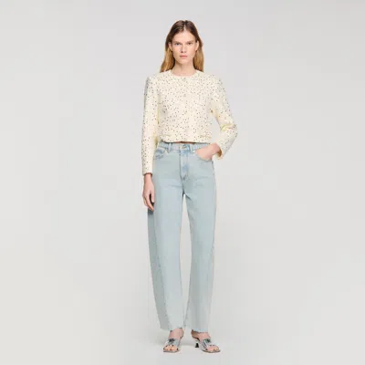 Sandro Cropped Sequinned Cotton Jacket In Neutral