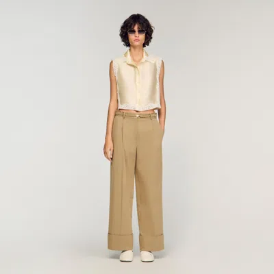 Sandro Cropped Shirt With Lace Details In Sand