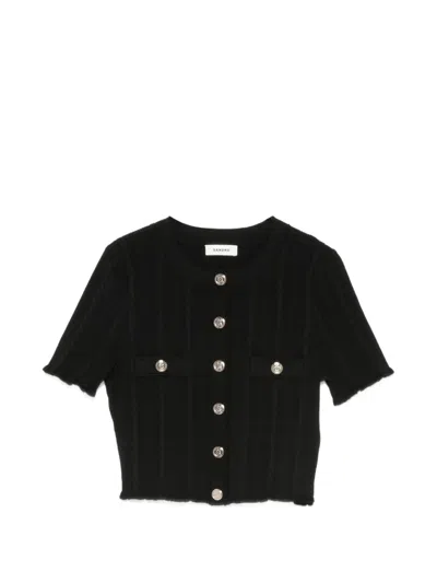 Sandro Cropped Pointelle Knit Cardigan In Black