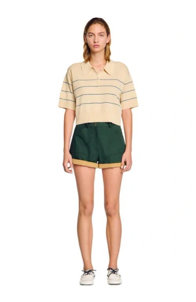 Sandro Cropped Striped Knitted Sweater In Ecru