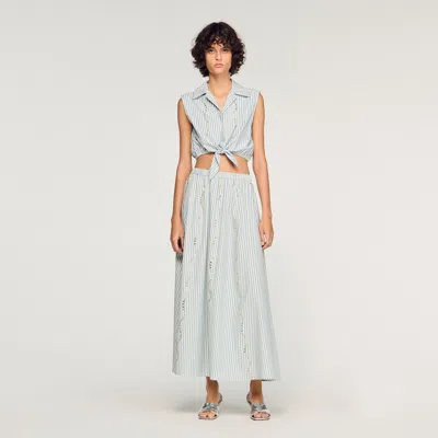 Sandro Cropped Striped Rhinestone Shirt In Blue