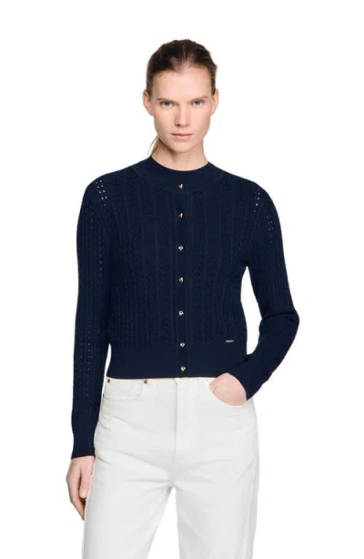 Sandro Cropped Textured Knit Cardigan In Blue