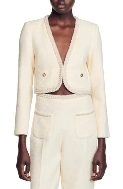 Sandro Vayene Bracelet Sleeve Crop Jacket In Cream